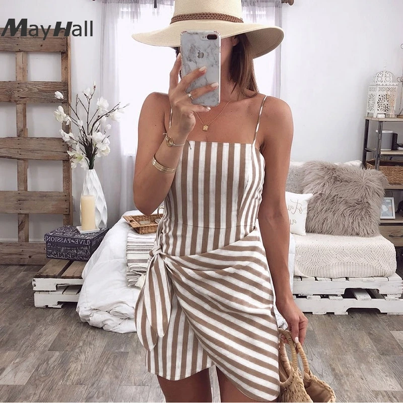 

MayHall Stripe Print 2018 Summer Dress Women Sweet Cute Asymmetry Mini Dresses Sexy Tie up Backless Dress Robe Femme Ete MH189