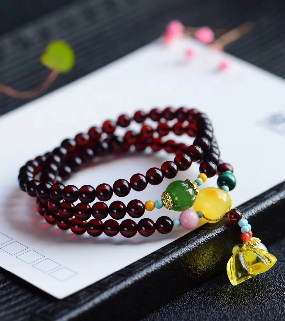 

5.5mm Natural Blood Amber 3 Laps Bracelet Lotus Pendant Women Gift Stretch Crystal Fitness Stretch Bead Fashion Bracelet Jewelry