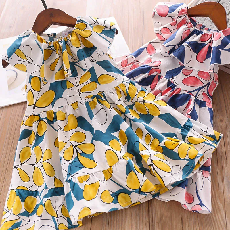 

2019 Summer Girl Ruffles Printed Big Leaf Dress Baby Wear Wholesale
