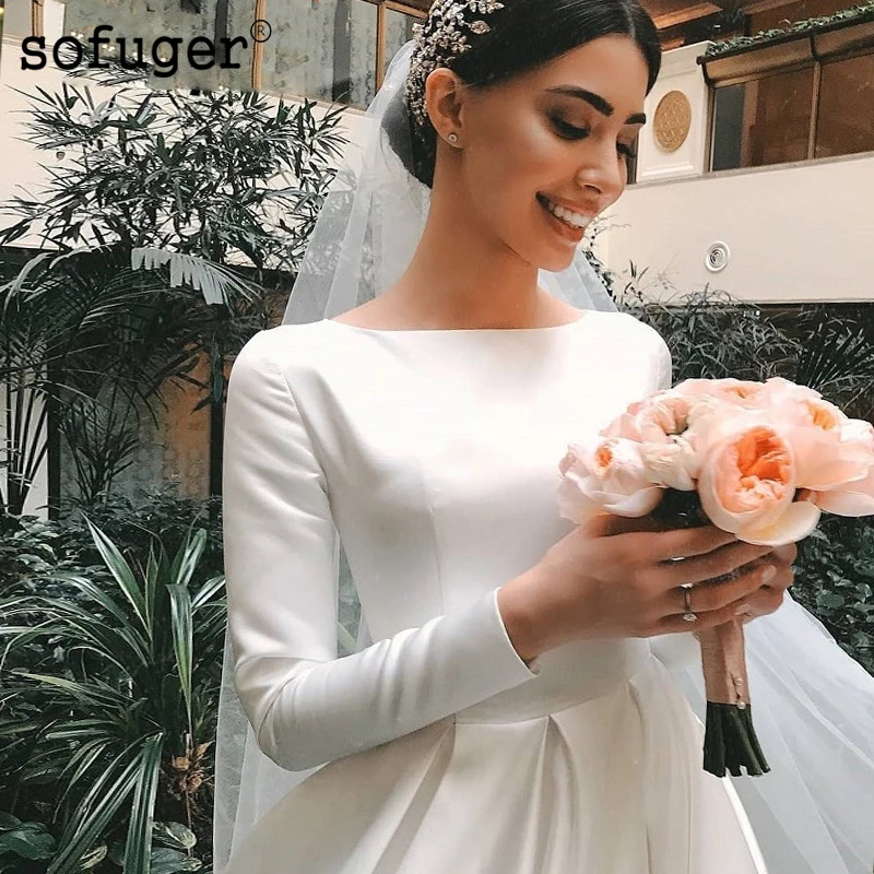 

2019 Muslim Satin Wedding Dresses Long Sleeves A-Line White Wedding Gown Saudi Arabic Bride Dress Bridal Gown