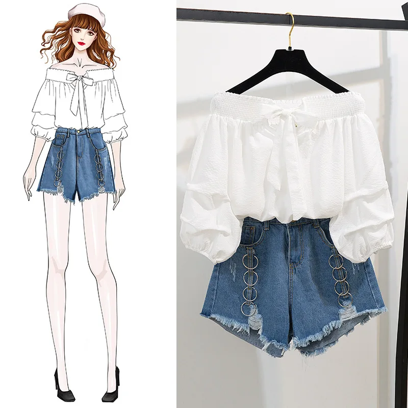 

ICHOIX 2 pieces sets women slash neck shirt and denim shorts sets summer casual Korean two pieces outfits femme clothing 2019