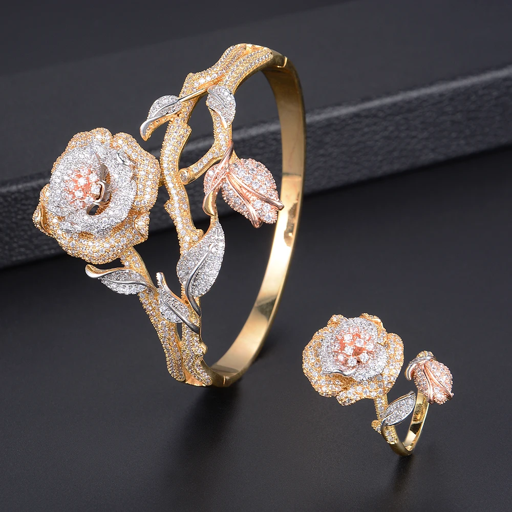 

Colorful Plant Flower Shape Full Micro Cubic Zirconia Bracelet Bangle Ring Adjustable Sets Dress Jewelry Sets