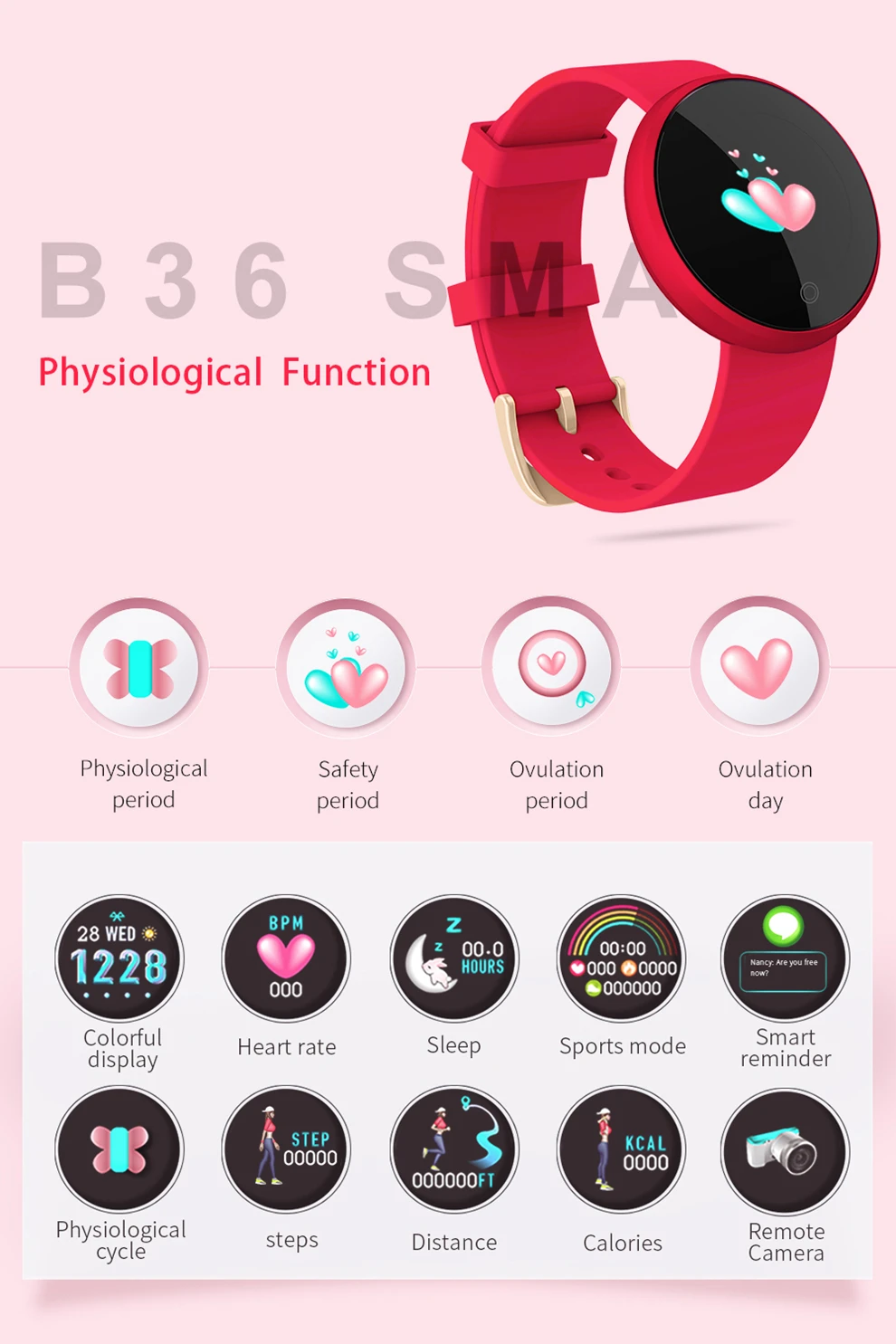 B36, женские Смарт-часы, топ, сердечный ритм, Женский период, напоминание, умные часы, женские наручные спортивные Смарт-часы для IPhone, samsung, huawei