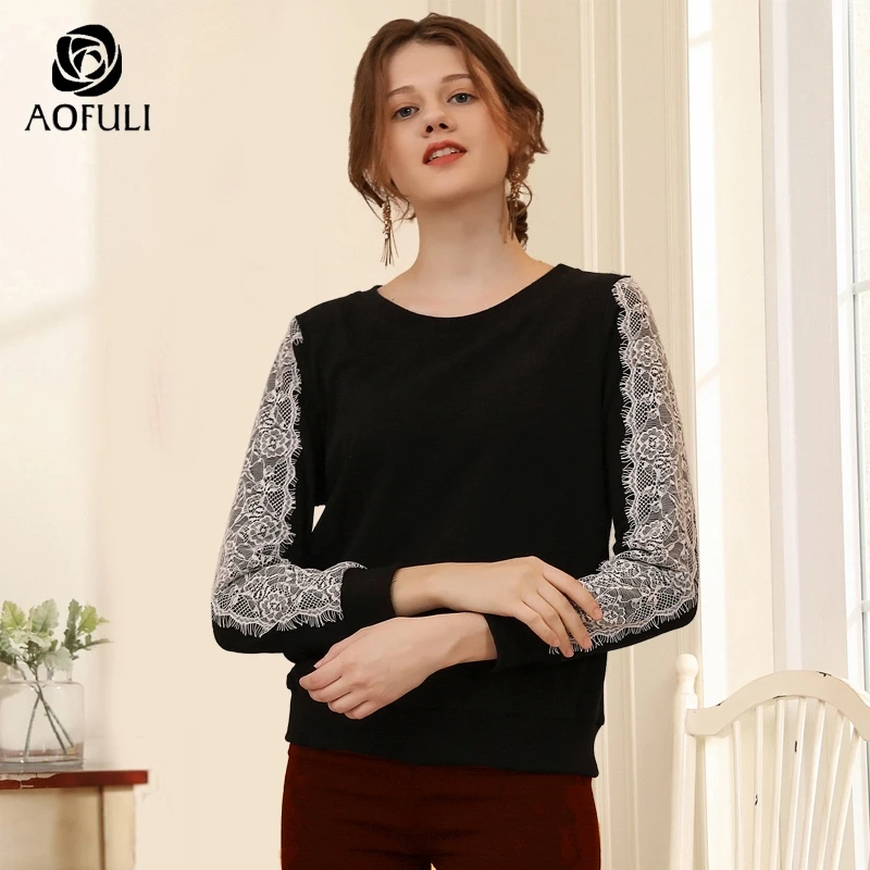 4XL/5XL Lace Patchwork Women Cotton T-shirt Autumn Winter Long Sleeve Sweatshirt Plus Size Lady Tops Black AOFULI A3733 | Женская одежда