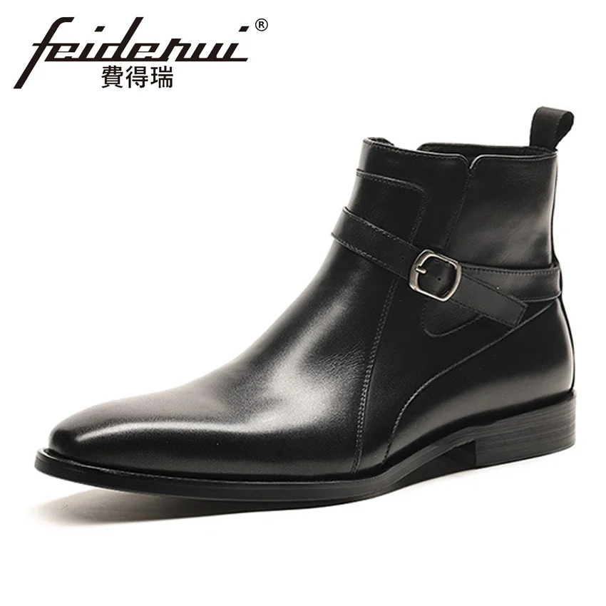 Italian Style Genuine Leather Men's Buckle Strap Ankle Boots Pointed