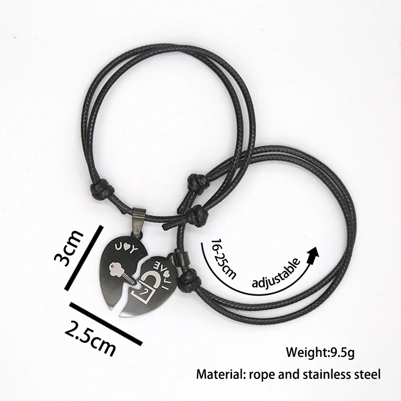 2PCs/set, 2019 New Couple Bracelets for Women and Men Black Stainless Steel Heart Two Halves Paired Bracelet Fashion Jewelry