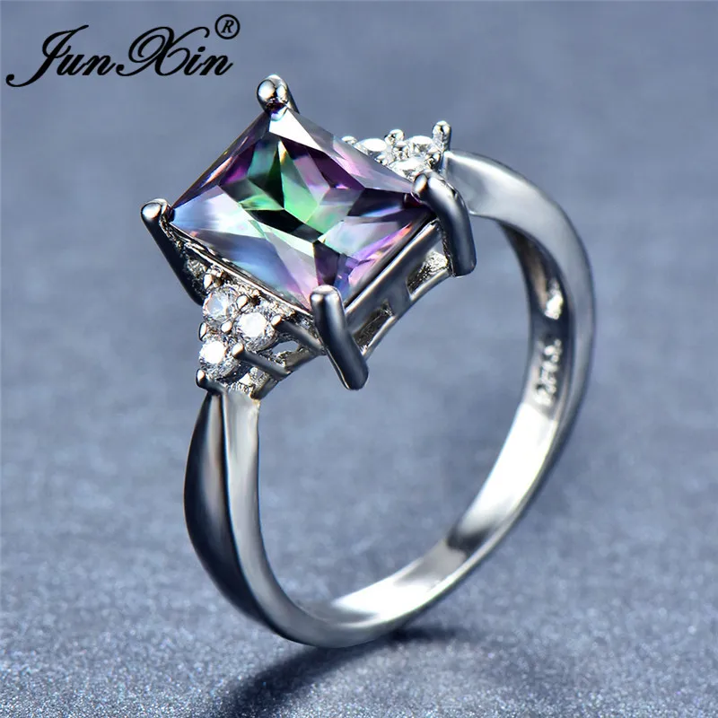 JUNXIN Princess Cut Stone Rainbow Fire Zircon Wedding Rings For Women 925 Silver Filled Square Aqua Blue Birthstone Ring Female