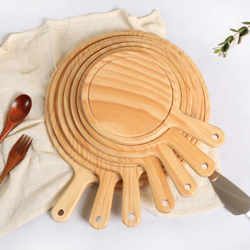 

Wooden Pizza Board Round with Hand Pizza Baking Tray Pizza Stone Cutting Board Platter Pizza Cake Bakeware Tools Home Restaurant