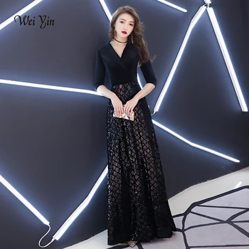 

weiyin Long Sequined Evening Dresses Vestido De Festa Vintage Prom Dresses Party Elegant V Neck 2019 Vestido Longo WY1394