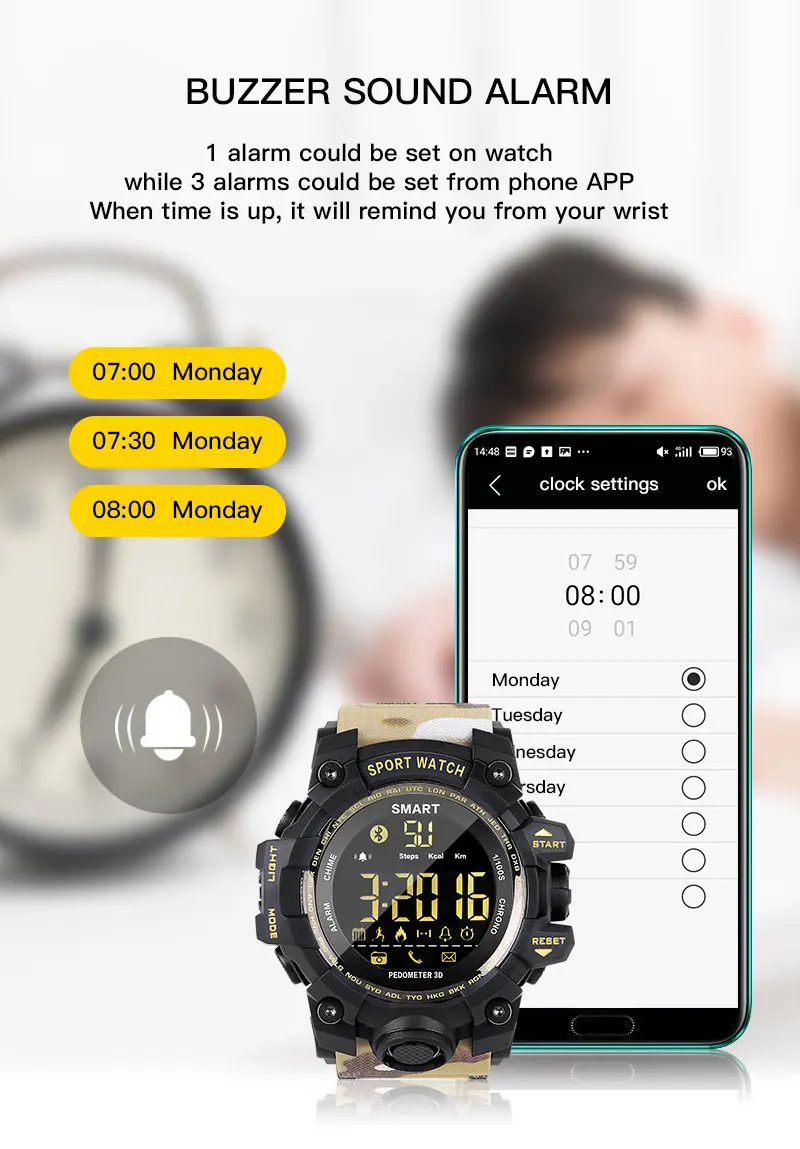FREZEN водонепроницаемые спортивные Смарт-часы EX16S камуфляж Открытый Bluetooth пульт дистанционного управления Pedemeter фото долгого ожидания умные часы