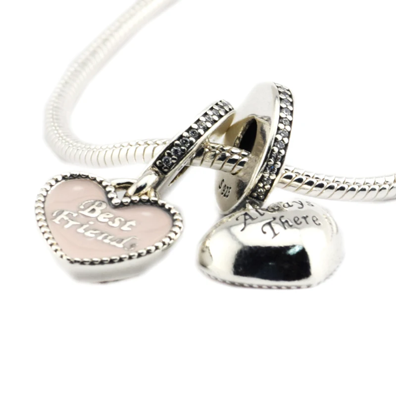 

Fits For Pandora Bracelets Best Friends Charms With Soft Pink Enamel 100% 925 Sterling Silver Beads Free Shipping