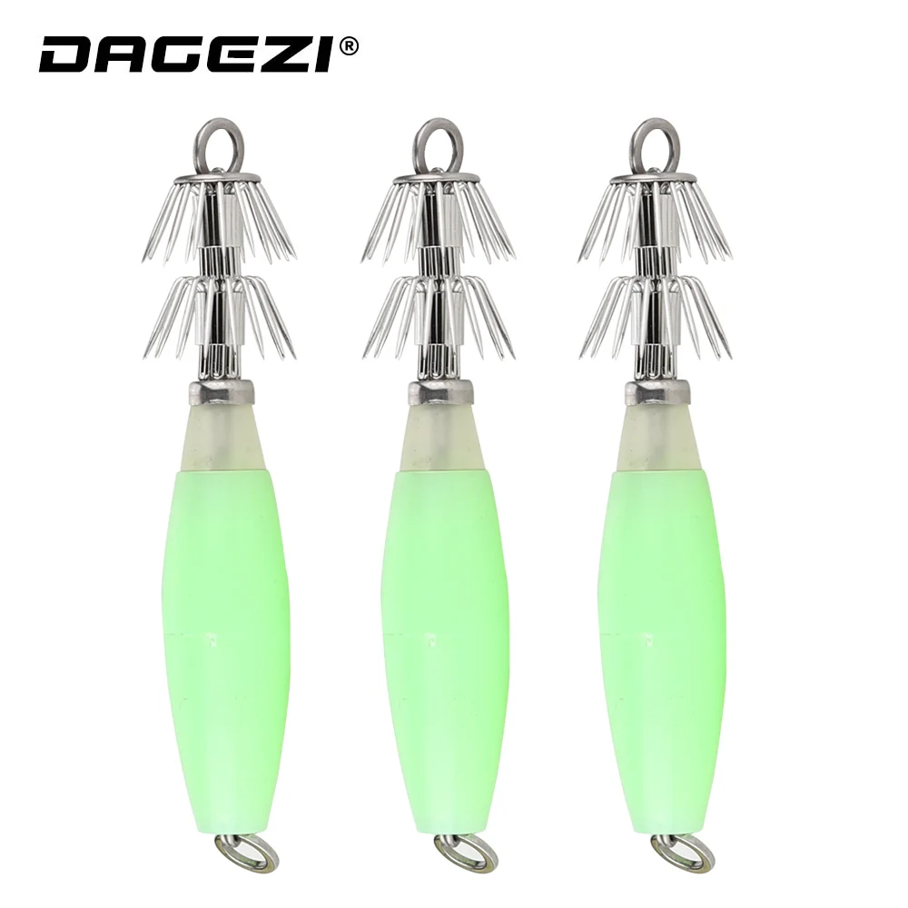 

DAGEZI 3pcs/lot Fluorescent Squid Cuttlefish Sleeve Jig Fishing Lure Bait Head Hooks Fishing hook Hard Artificial Bait