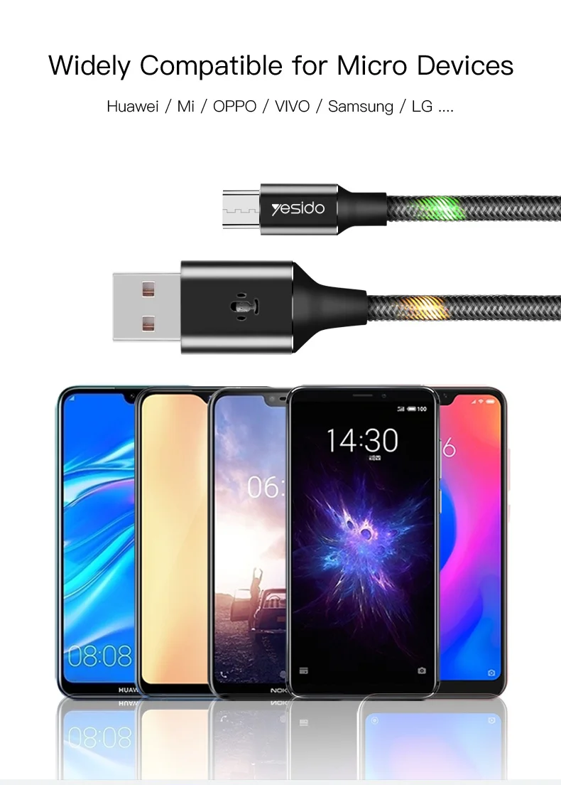 Yesido многоцветный светодиодный кабель микро-usb с голосовым управлением для huawei Xiaomi redmi LG 2.4A Micro USB кабель для зарядки и передачи данных для samsung S7