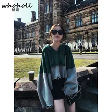 WHOHOLL 2017 autumn shirts women’s flare sleeved loose hooded hoodies for female sweater coat stitching oversize patchwork