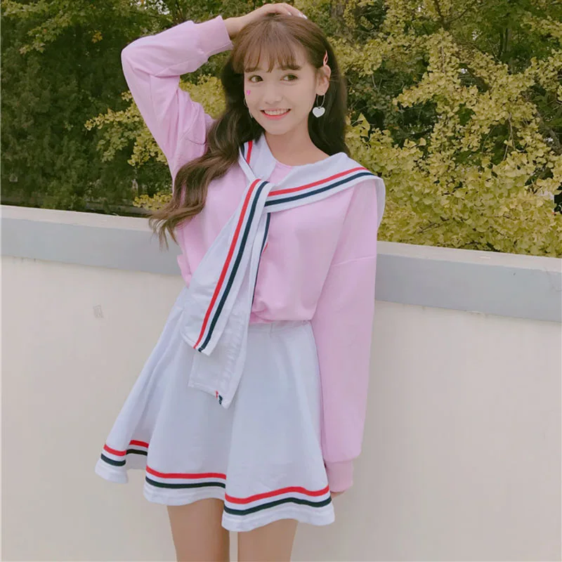 Japanese Harajuku Sweet And Lovely Two-piece Spring Navy Sailor Suit Jacket + High Waist A-line Skirt |