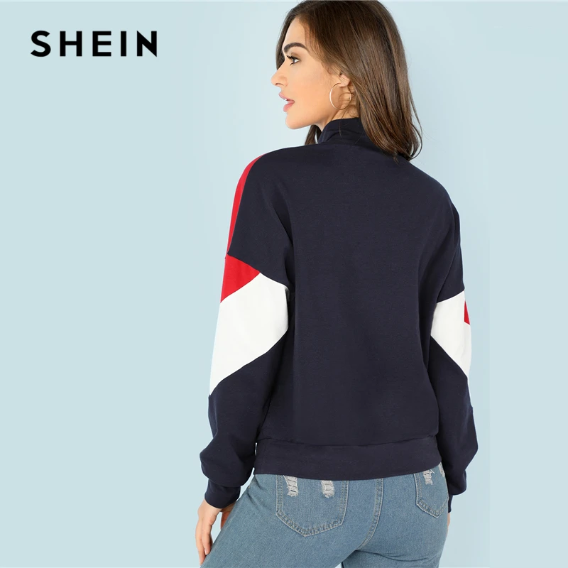  SHEIN Multicolor Minimalist O-Ring Zip Front Cut And Sew Stand Neck Raglan Sleeve Sweatshirt Autumn