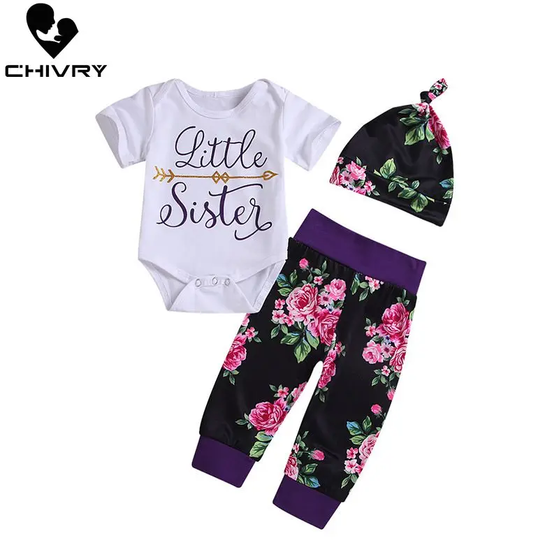 

3Pcs Baby Girls Sister Match Big Little Sister Girl Letter T-shirt Romper Top + Floral Pants Girls Sister Outfit Clothes Sets