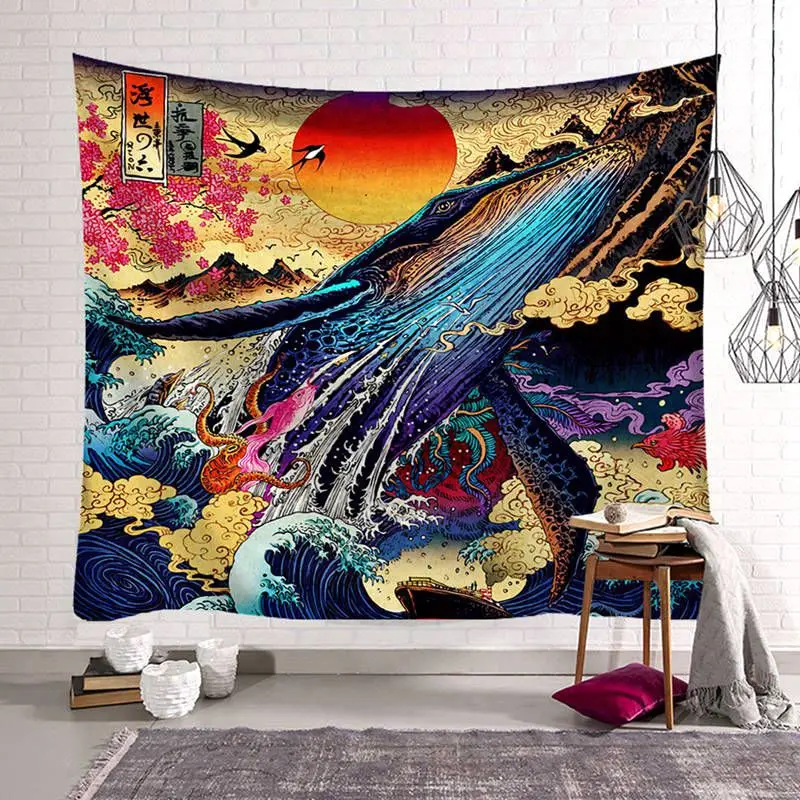 Гобелен в японском стиле с изображением Кита, оленя, змеи, золотой рыбки, гобелены на стену, морская волна, настенные гобелены, Настенный декор для комнаты - Цвет: 10