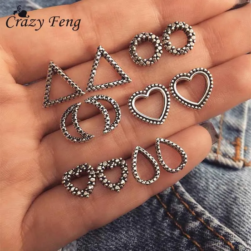 

6 Pair/set Bohemian Drop Geometric Crystal Stud Earrings Set for Women 2018 Fashion Charm Engagement Party Jewelry Accessories