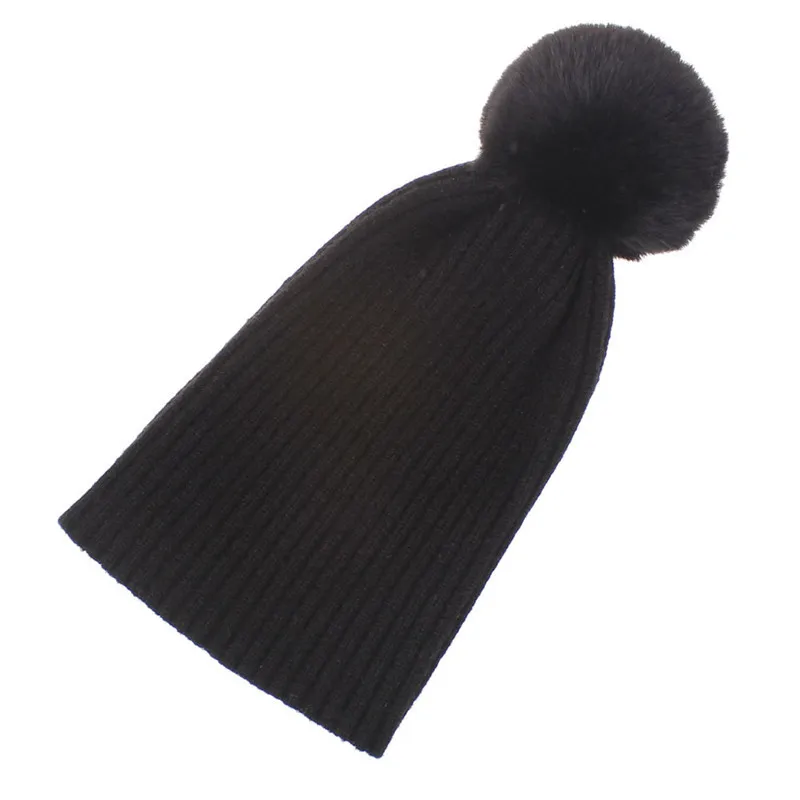 Зимний помпон из искуственного меха Pom Hat для женщин однотонные вязаные женские шапочки Теплая Зимняя кепка Женская Skullies женские шапочки с