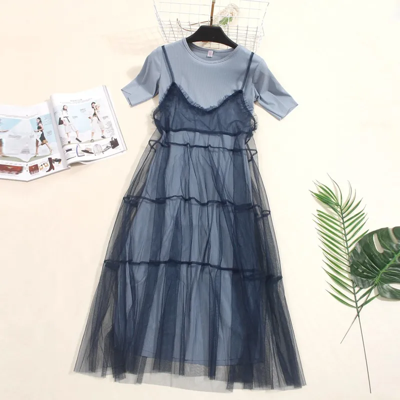 

2018 summer new female solid color sweet gauze lace pressure pleated one-piece dress women O-neck short sleeve dress two pcs set