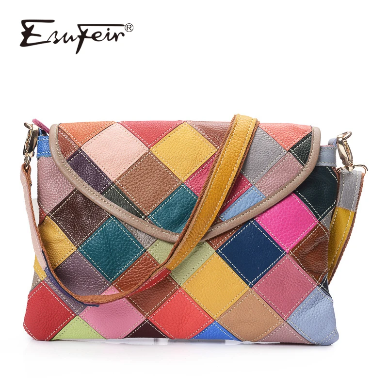 

ESUFEIR Genuine Leather Women Messenger Bag Color Leather Patchwork Shoulder Bag Luxury Women Handbags Designer Crossbody Bag