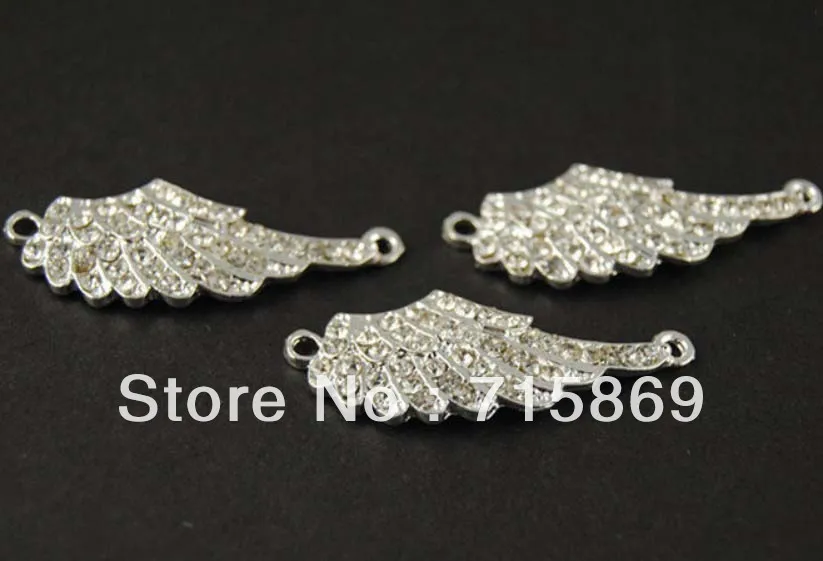 

Free Shipping 10 pcs 40mm x16mm Silver Plated Rhinestone Angel Wing Charm Bracelet Connector