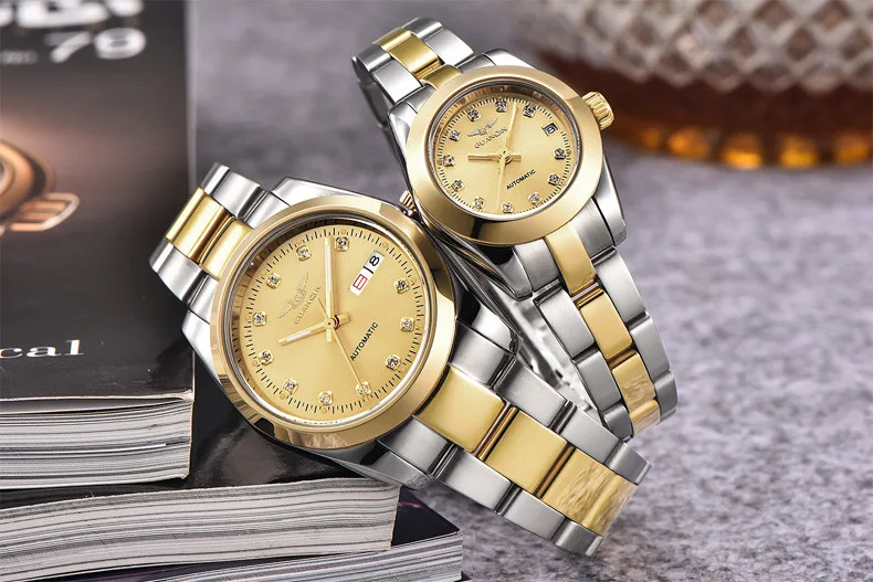 GUANQIN Gold Couple Watch Men Women Mechanical Watch Luminous Calendar Week Waterproof Rhinestones Automatic Lovers Watches (13)