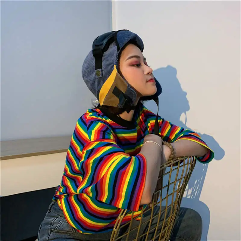 Neploe 2020 Women TShirts Rainbow Striped Tee Shirts O-neck Harajuku Loose T Shirt Woman Clothes Short Sleeve BF Tshirts 38094