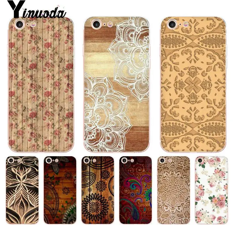 

Yinuoda For iPhone 7 6 X Case Wood Mandala Flower Art Transparent Phone Cover Case for iPhone 8 7 6 6S Plus X 5 5S SE 5C XS XR