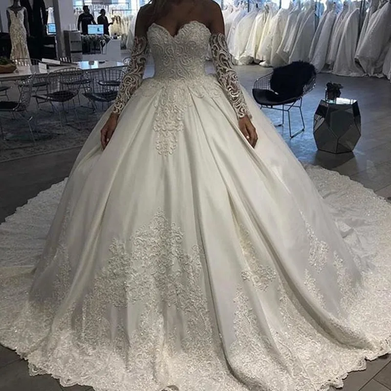 

robe de mariee Puffy Ivory Wedding Dress Full Sleeves gelinlik Long Bridal Dresses Customize vestido de noiva Wedding Gown Satin