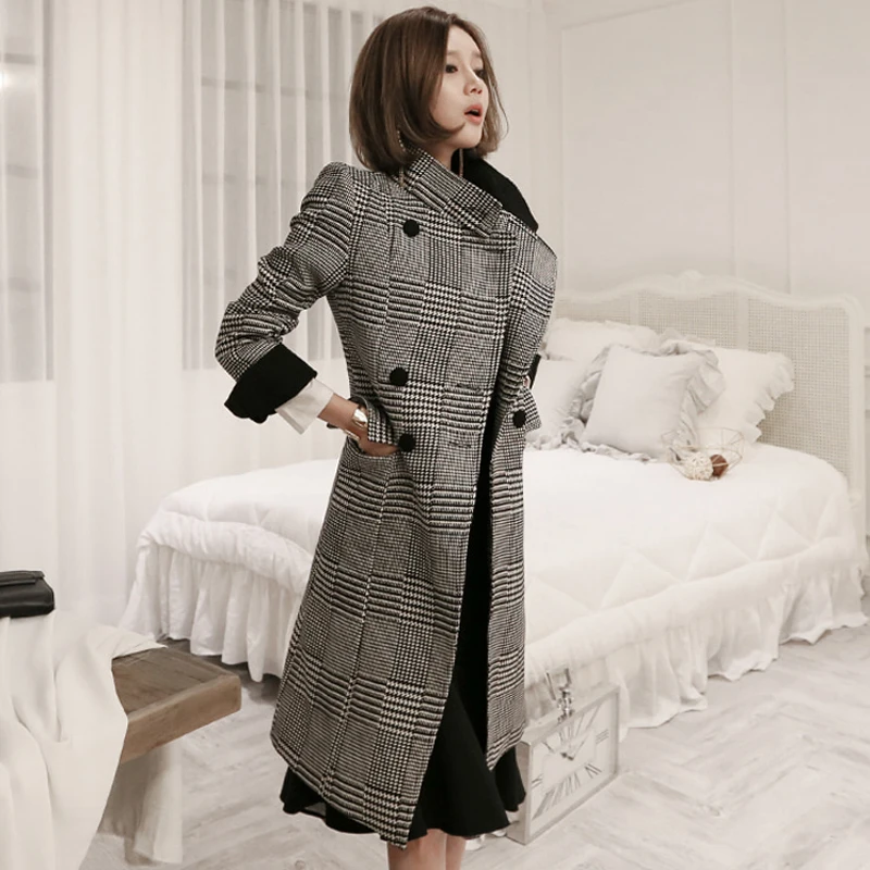 Vintage Thicken Double Breasted Plaid Blends Coat Women