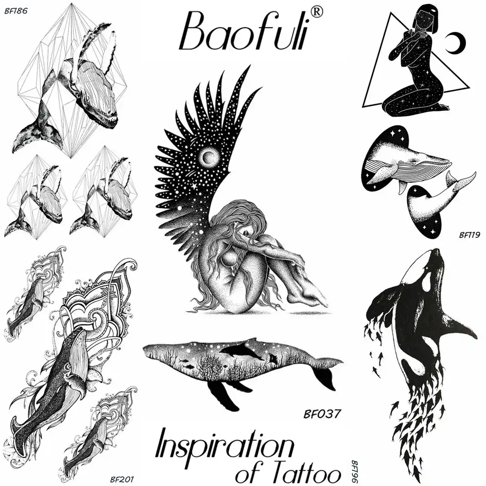 Men Body Art Temporary Tattoo Stickers Solar System Planets Naked Angle Whale Black Tatoos Waterproof Arm Legs Fake Decal Tattoo
