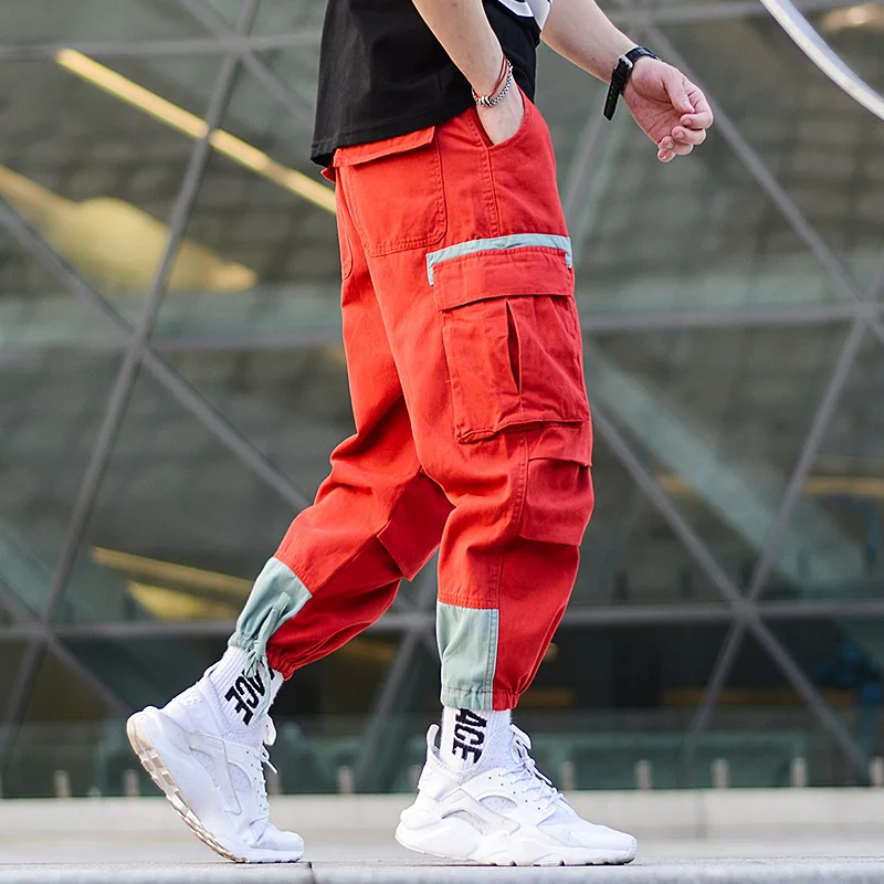 

Japanese Style Fashion Men Hip Hop Pants Loose Fit Ankle Banded Jogger Pants Big Pocket Red Green Color Harem Cargo Trousers Men
