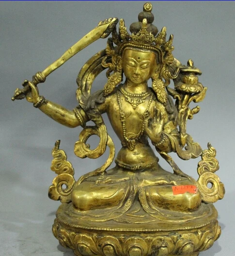 

007292 Tibet Buddhism Bronze 24K Gold Lotus Protect Manjushri Manjusri Buddha Statue