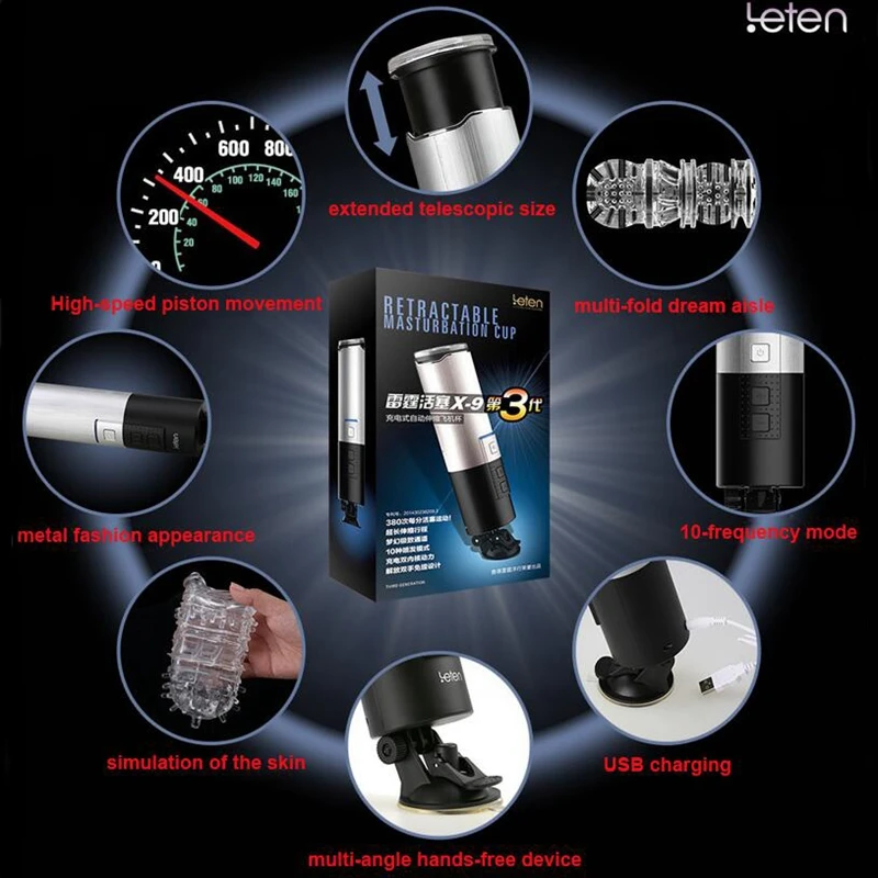 Aircraft Cup Leten X9 Piston HandsFree 10 Function Retractable USB Rechargeable Male Full Automatic Masturbator Sex Toys for Men