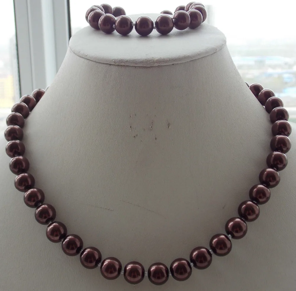 

Free Shipping >>>>>noble 10mm Coffee South Sea Shell Pearl Necklace Bracelet 18''7.5'' F-10
