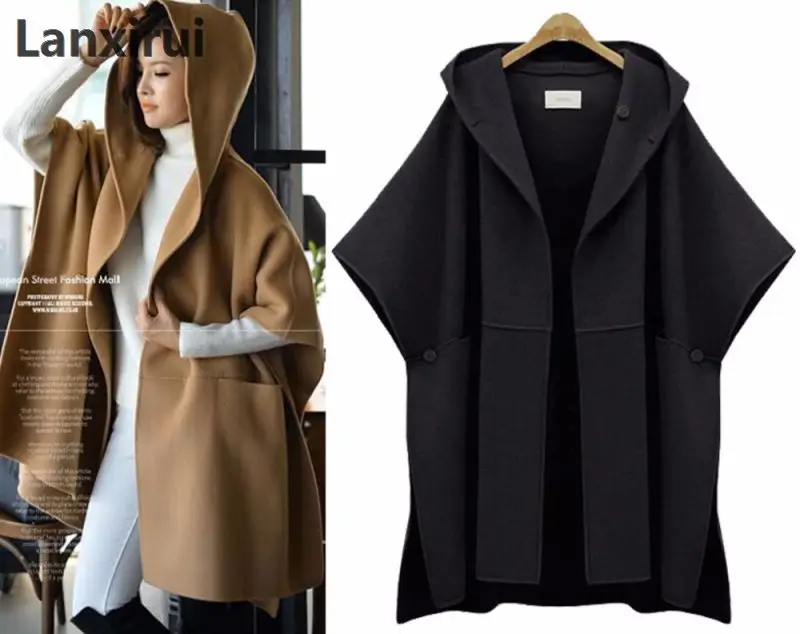 Женская куртка с капюшоном плащ Batwing рукава шерстяной Кейп, пальто больших Размеры Для женщин Свободные шерстяные пальто женские зимние модные меховые пончо размера плюс - Цвет: Черный