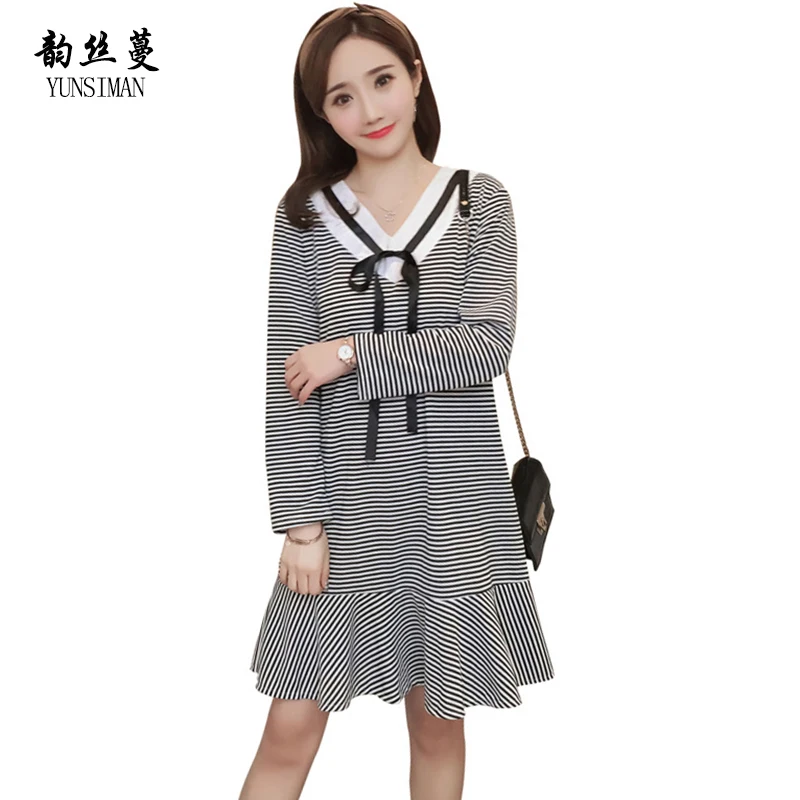 

New Pregnant Dresses M L XL XXL Stripe Cotton Big Size Women Knit Dress Maternity Gown for Spring Summer Maternity Clothes 1B05
