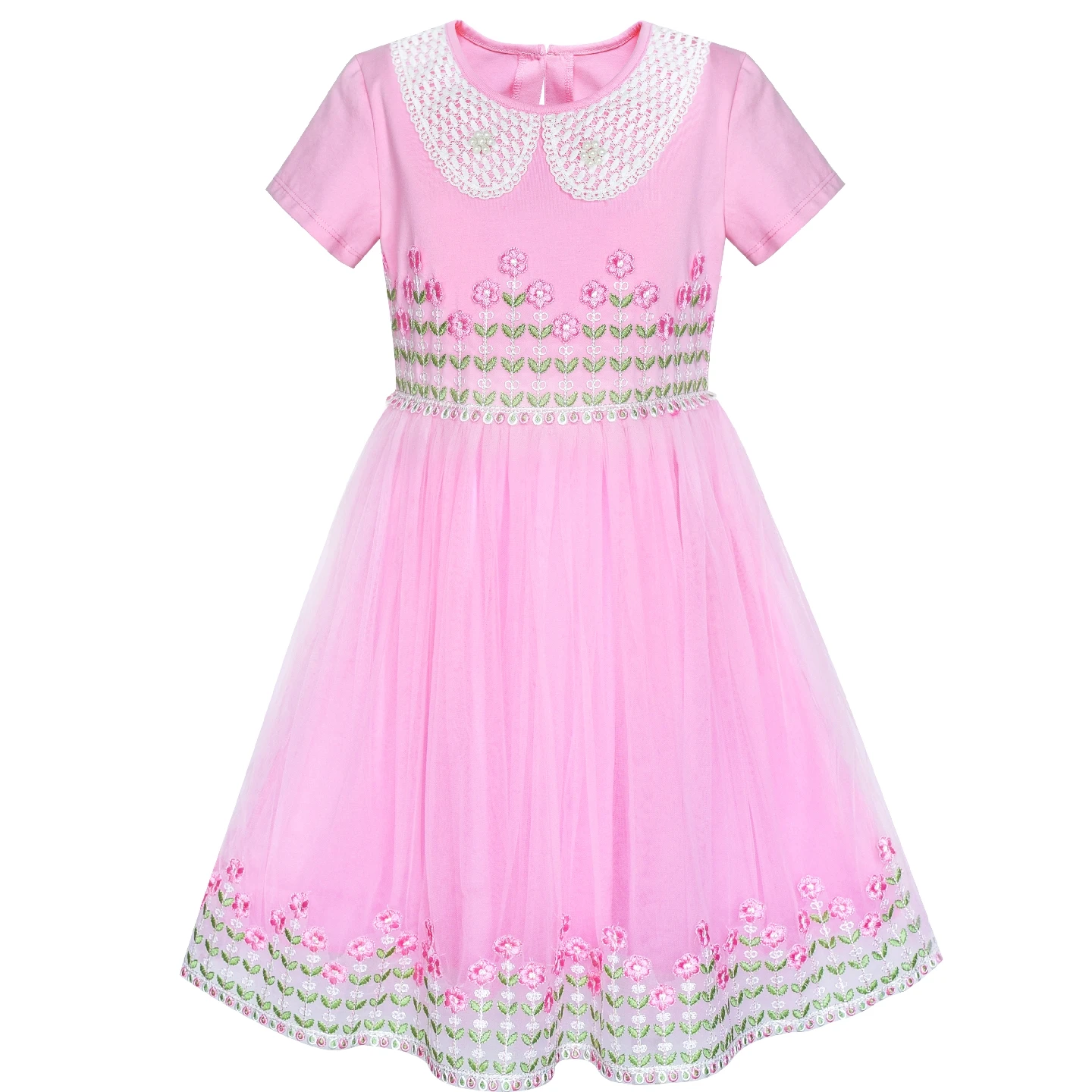 Sunny Fashion платья для девочек Цветок Девушка Платье Белый воротничок Розовый