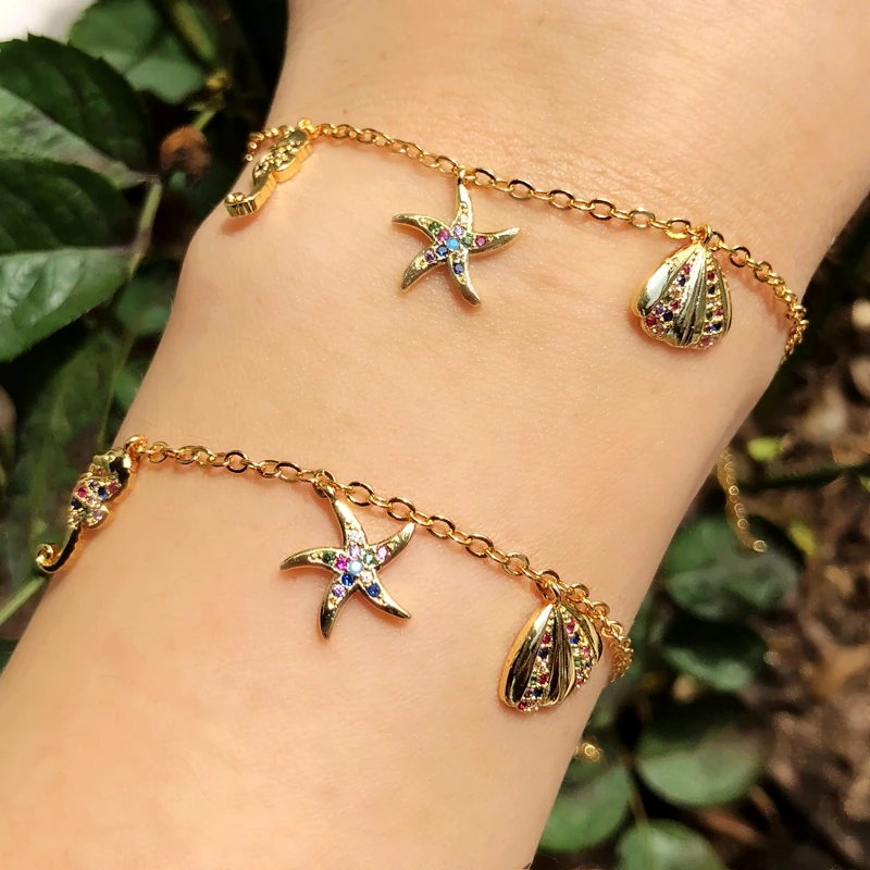 

Gold color sea Shell Pendant Bracelet Pave Colorful Cubic Zirconia Ocean animal copper Boho Bracelets Bangles For Women Jewelry