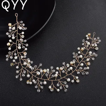

Simple Flexible Pearls Headbands Handmade Austrian Crystal Wedding Hair Accessories Gold Color Bride's Tiaras Jewelry