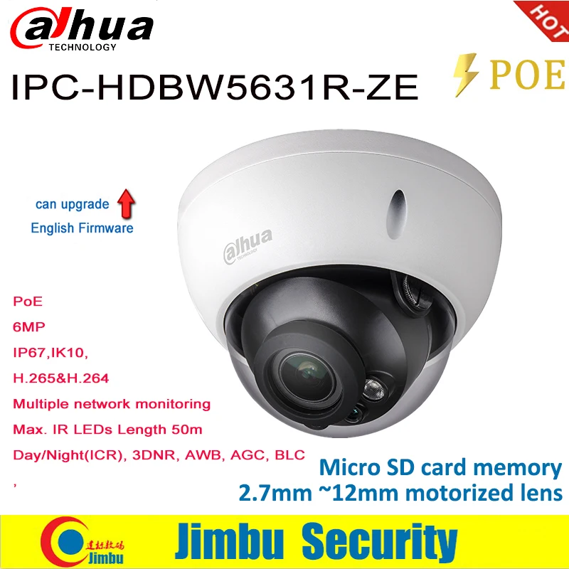 

Dahua IP Camera 6MP POE IR 50M IPC-HDBW5631R-ZE 2.7mm ~13.5mm motorized lens WDR Pan/Tilt/Rotation H.265 & H.264 SD card slot