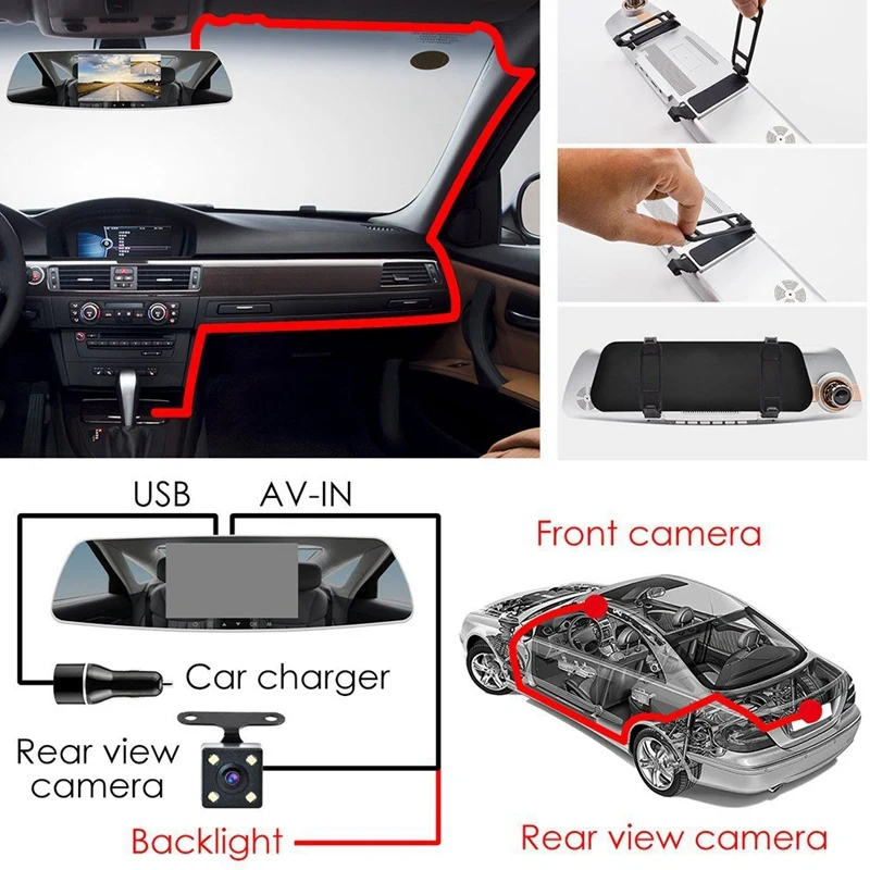 Зеркало Dash Cam 5 дюймов Ips пресс-экран, 1080P двойной объектив Dash Cam 170 градусов широкоугольная Передняя Автомобильная камера и камера заднего вида