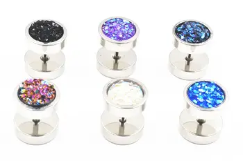 

50pcs Stainless Steel Body jewelry Ear Stud Fake Ear Plugs Cheat Tunnels Illussion Plugs Glitter Gems Free Shippment NEW 10mm