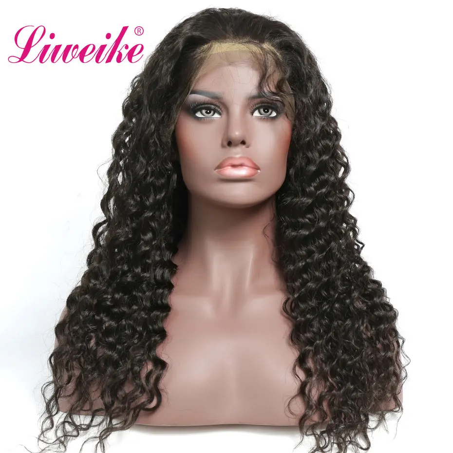 

Liweike Deep Wave Full Lace Frontal Wigs Brazilian Remy Wig Pre Plucked With Baby Hair Natural 1B Front Glueless Bleached Knots