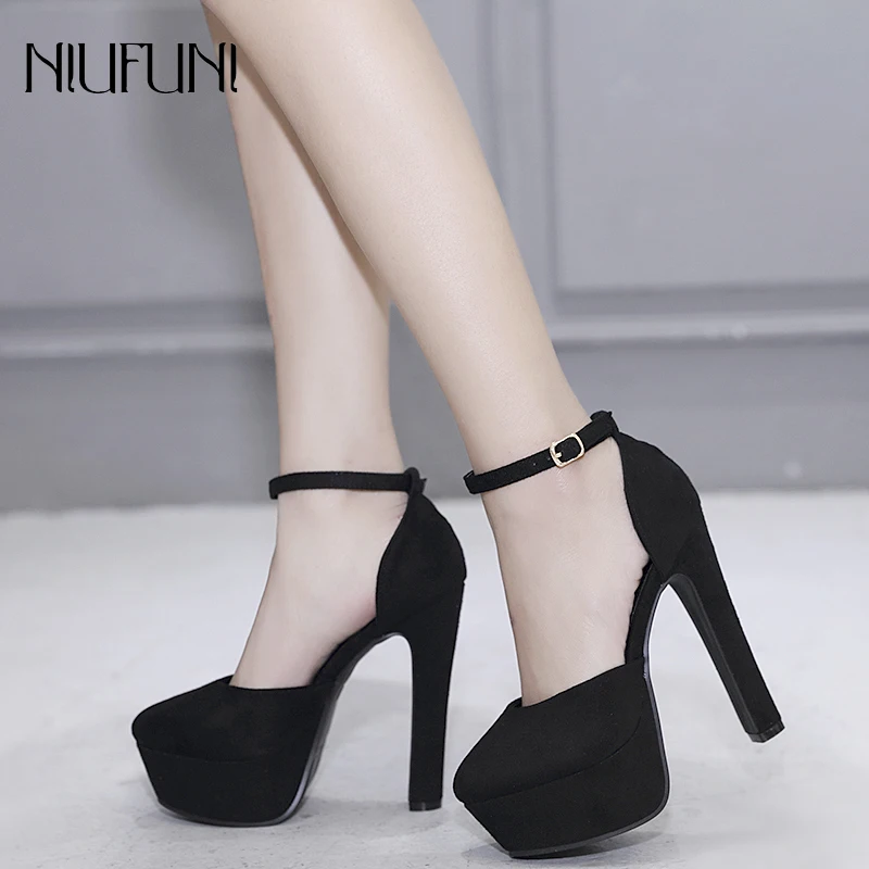2019 Spring Autumn Suede Shoes Women Fashion High Heels 14cm Spike Heels Ankle Strap Black Beige Platform Pumps Party Shoes
