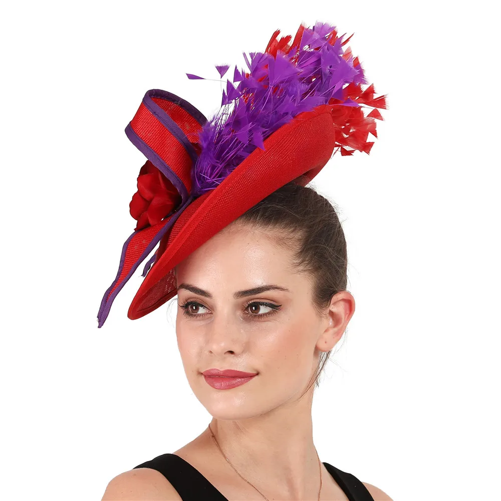 Elegant purple and red Feather Fascinator Wedding Bridal hairClip Hat for Party Cocktail Headpiece Lady Floral Pattern HeadWear