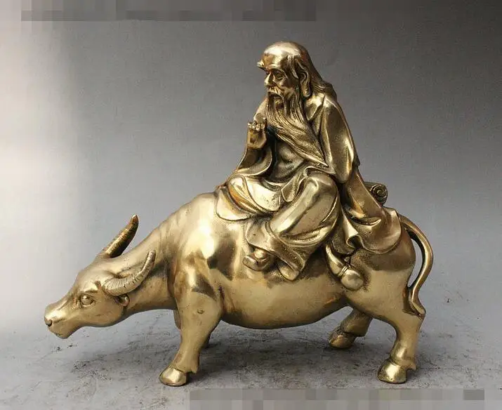 8" Folk Chinese Brass Taoism Lao Tzu LaoZi Philosopher Ride Bull Oxen