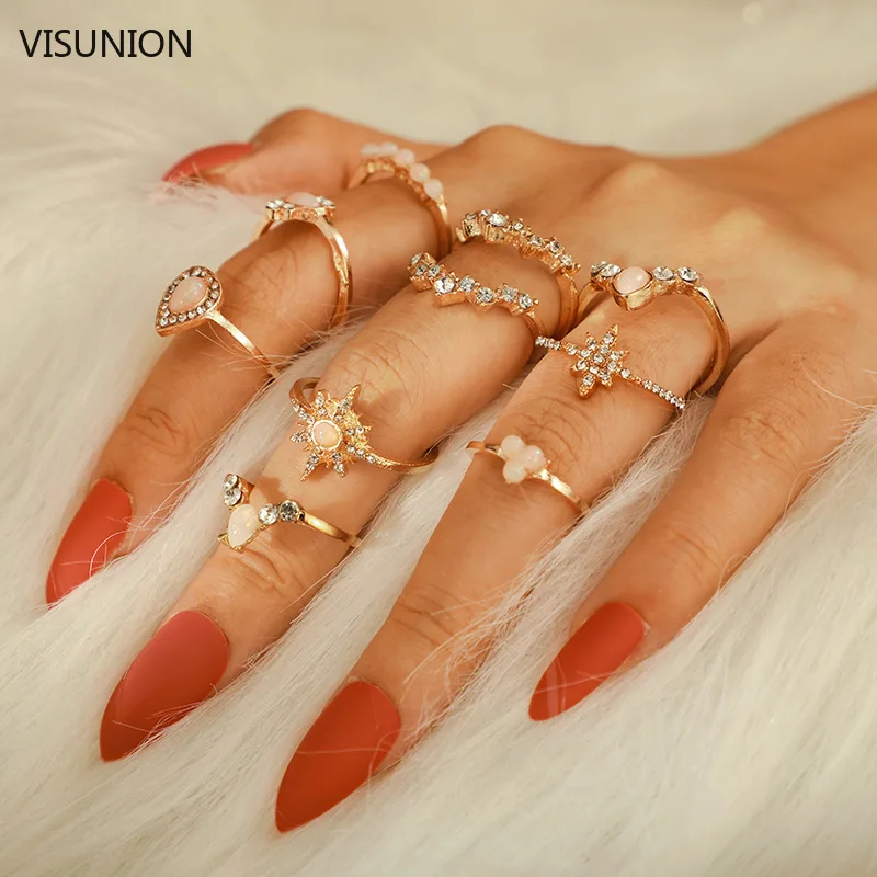 

10pcs/set Bohemian Vintage Water Drops Stars Geometric Crystal Ring Set Women Joint Ring Party Ring Kunckle Rings Anillos Mujer